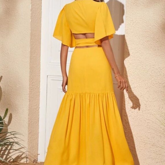 Cross Wrap Blouse & Split Hem Skirt 2 piece set -Yellow - Picture 5 of 8